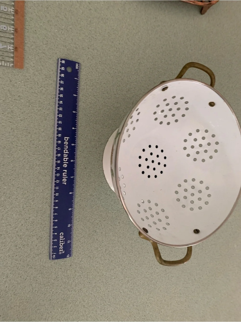 Vintage White Enamel stand Alone Colander with Brass Handles